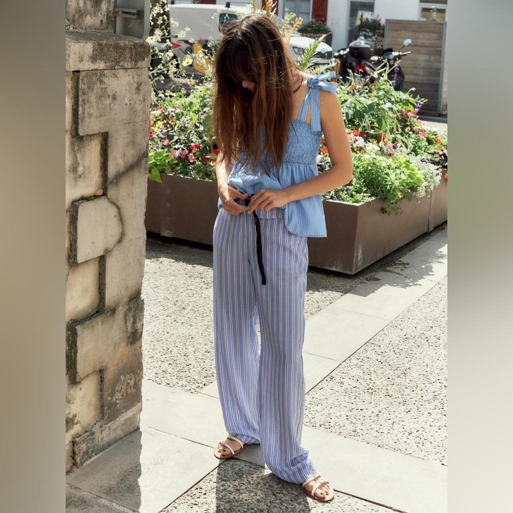 ZARA HIGH WAIST STRIPE STRAIGHT LEG PANTS SPRING RESORT TRAVEL COASTAL Blue M